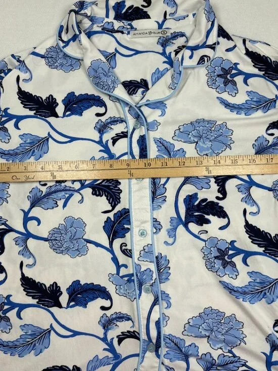 Amanda Blu "Blu Acanthus Leaf" Pajama Set Blue Floral Button Down Small - Picture 4 of 8